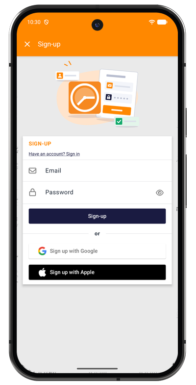 Sign up screen in the Android app with email and password fields and buttons for Google and Apple