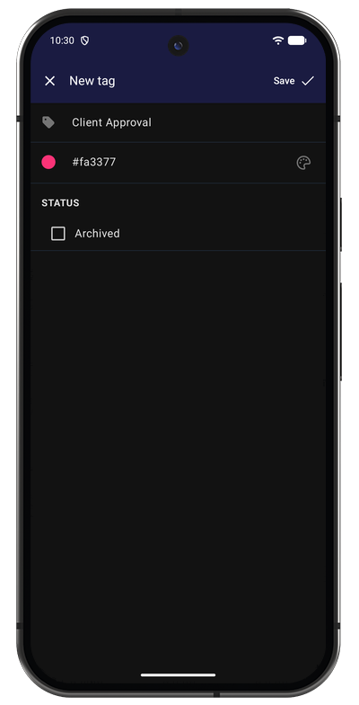 New tag form in the Android app with name, color, and team fields