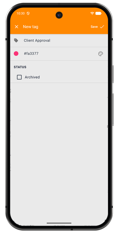 New tag form in the Android app with name, color, and team fields