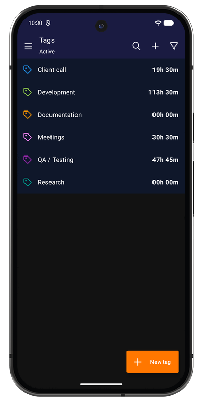 Tag list in the Android app showing tags with their colors