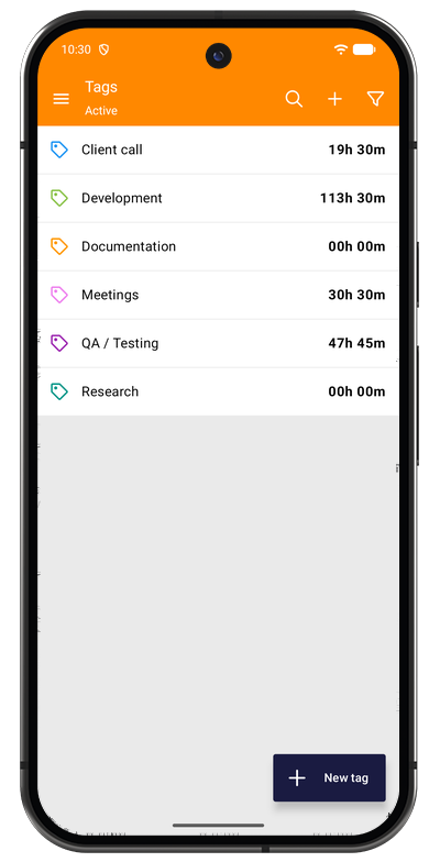 Tag list in the Android app showing tags with their colors