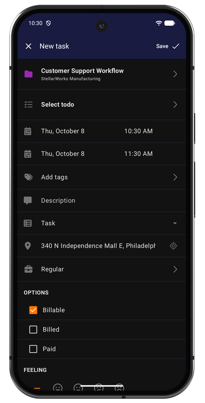Manual task entry form in the Android app with project, start and end time, and description