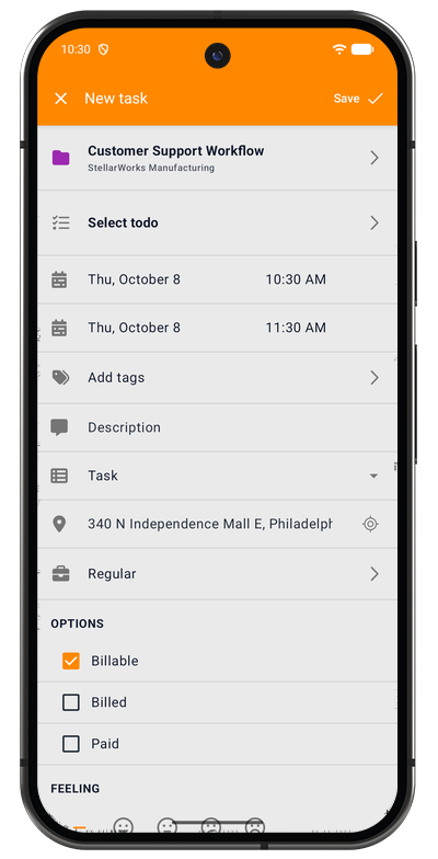 Manual task entry form in the Android app with project, start and end time, and description