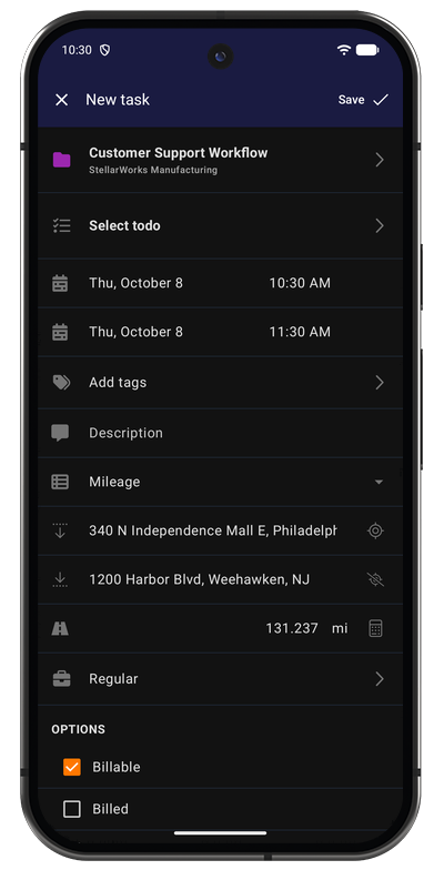 Mileage entry form in the Android app with start and end address, distance, and rate fields