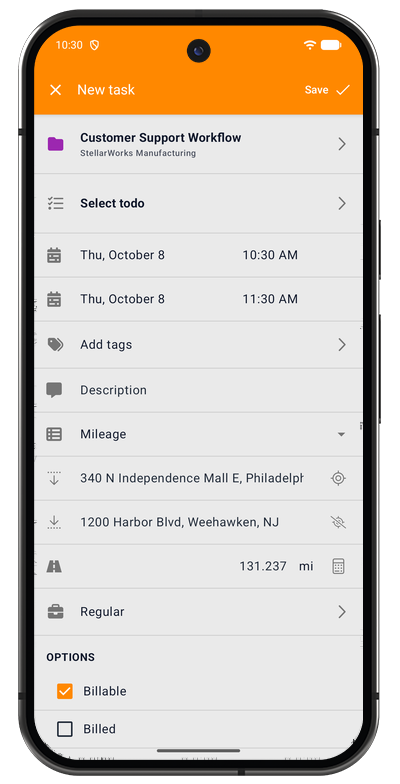 Mileage entry form in the Android app with start and end address, distance, and rate fields