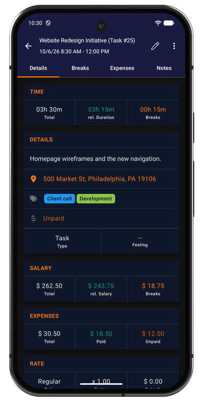 Task details in the Android app with duration, project, breaks, expenses, and notes
