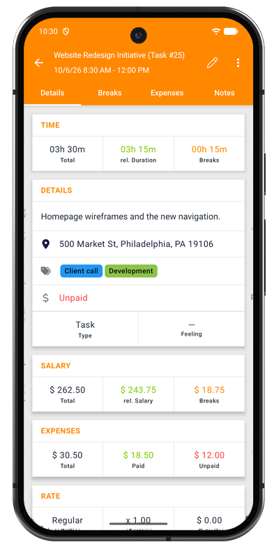Task details in the Android app with duration, project, breaks, expenses, and notes