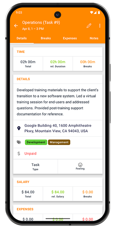 Task Details interface