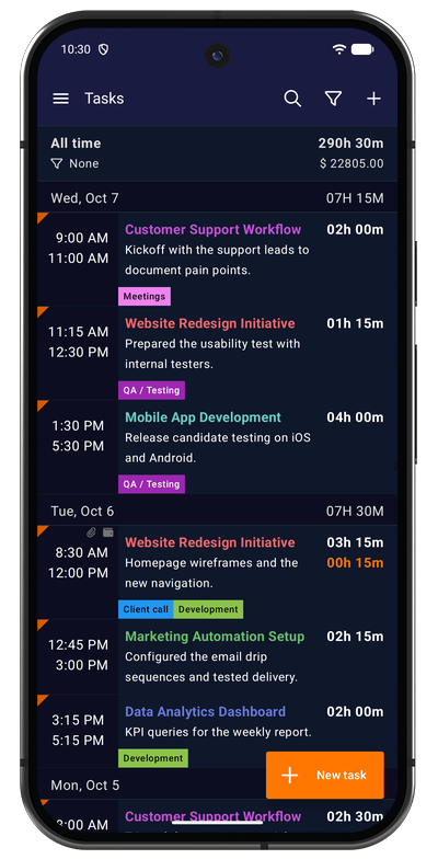 Task list in the Android app showing tracked tasks grouped by day with durations