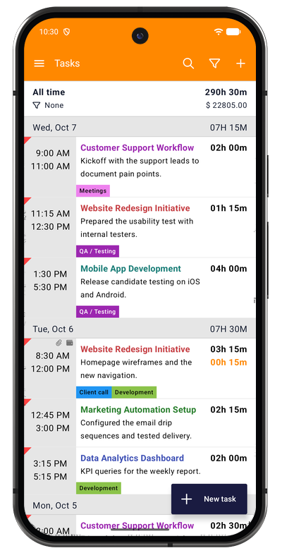 Task list in the Android app showing tracked tasks grouped by day with durations