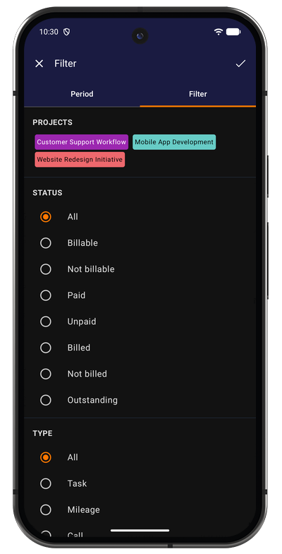 Task list filter tab in the Android app with project, status, and type filters