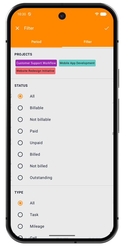 Task list filter tab in the Android app with project, status, and type filters
