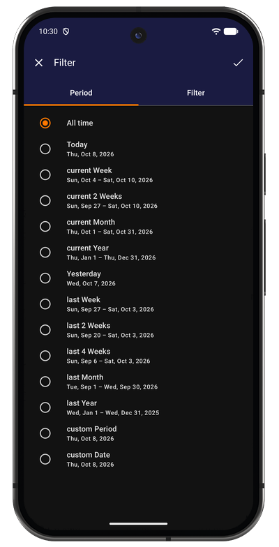 Task list period tab in the Android app for choosing the date range to display