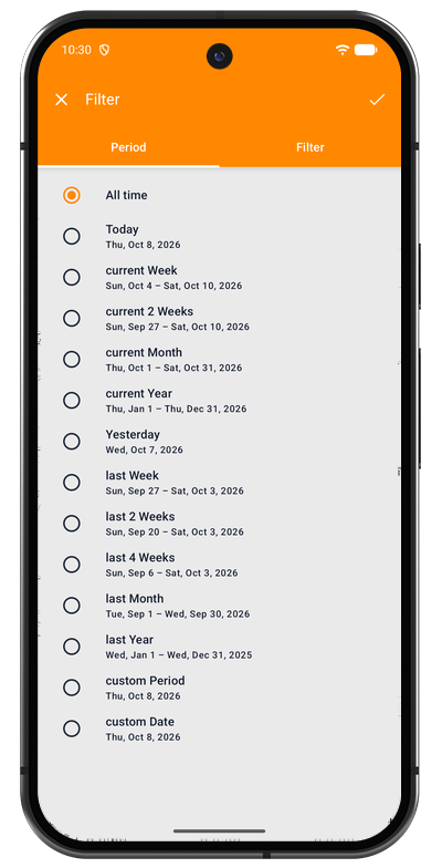 Task list period tab in the Android app for choosing the date range to display