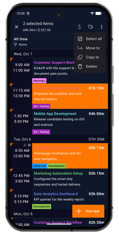 Bulk action menu in the Android app to select all, move, copy, or delete the selected tasks