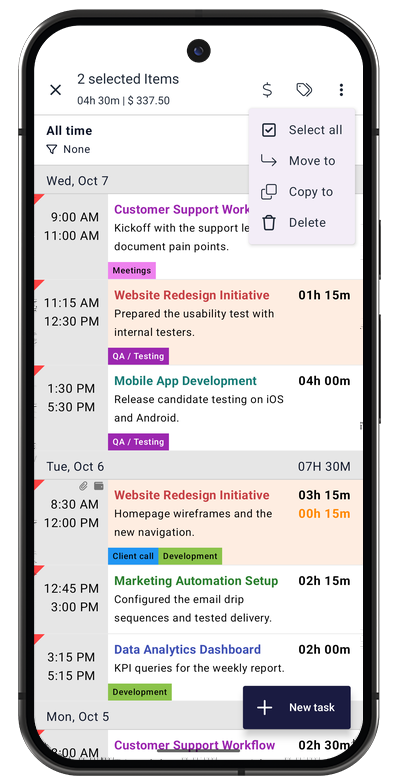 Bulk action menu in the Android app to select all, move, copy, or delete the selected tasks