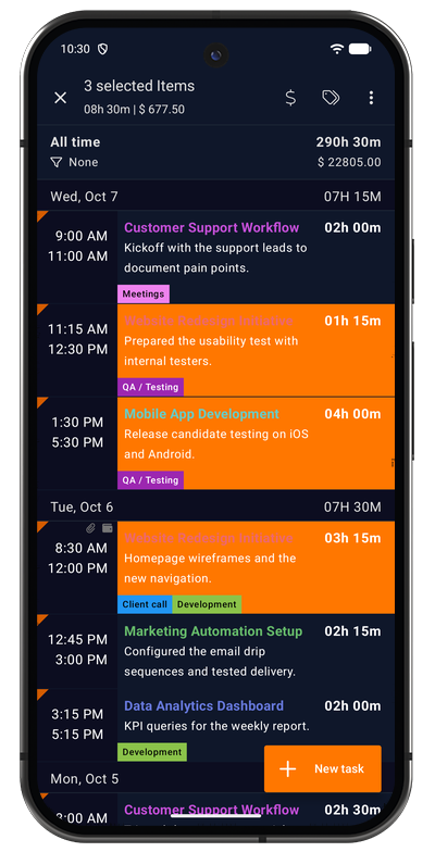 Task list in the Android app with several tasks selected for a bulk action