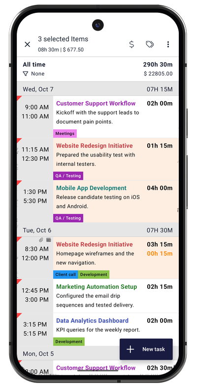 Task list in the Android app with several tasks selected for a bulk action