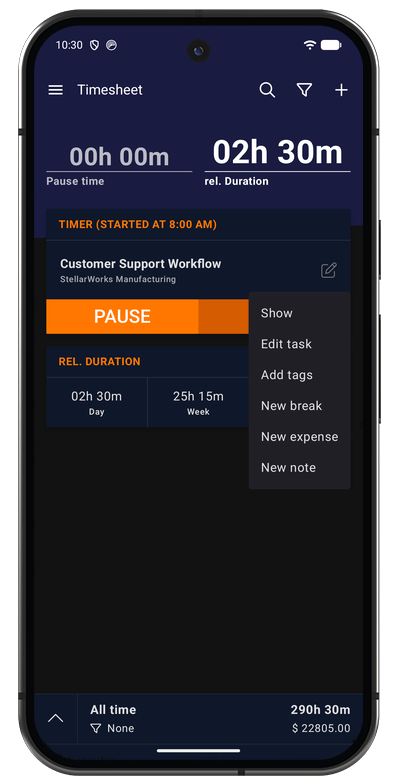 Timer quick actions menu in the Android app for breaks, expenses, and notes