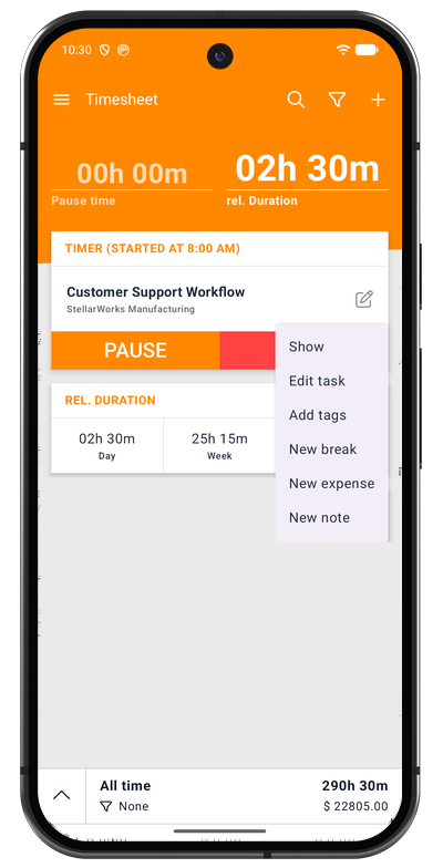 Timer quick actions menu in the Android app for breaks, expenses, and notes