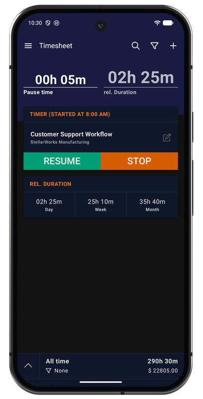 Android app timer paused during a break, showing the paused duration