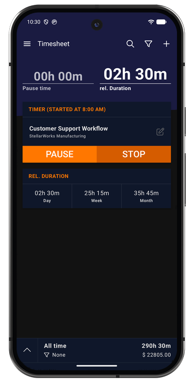 Android app timer running, showing elapsed time with pause and stop buttons