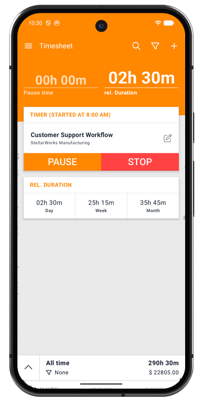 Android app timer running, showing elapsed time with pause and stop buttons