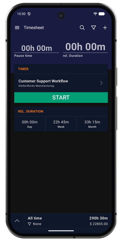 Android app timer in its stopped state with the project selector and start button