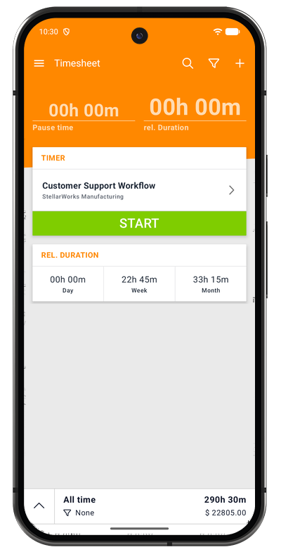 Android app timer in its stopped state with the project selector and start button