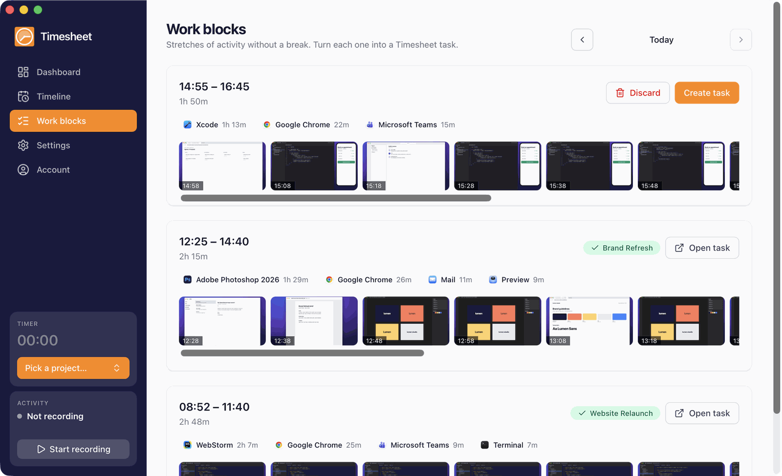 Work blocks with a booked block and an open block