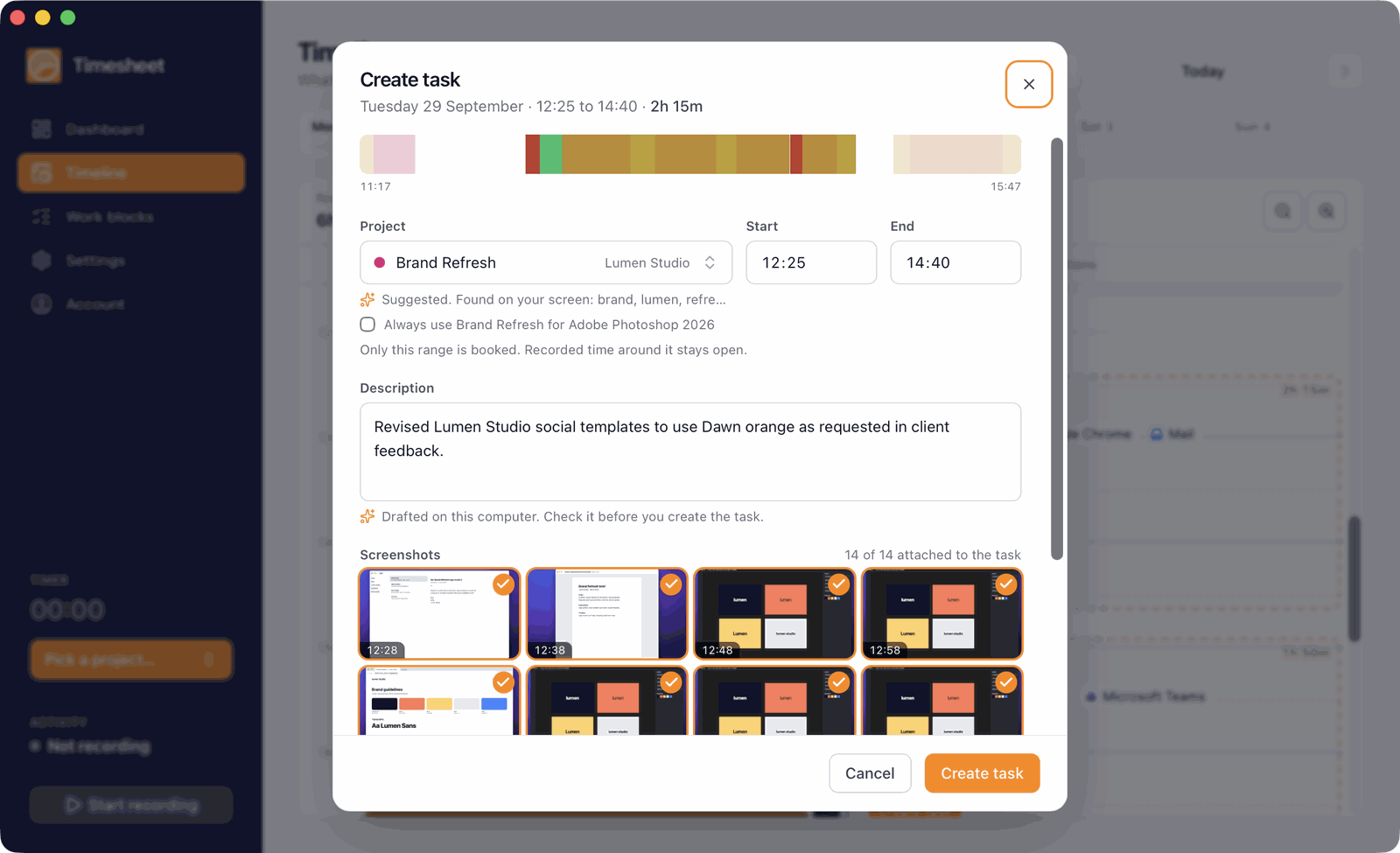 The Create task dialog with a suggested project, a drafted description, and screenshots