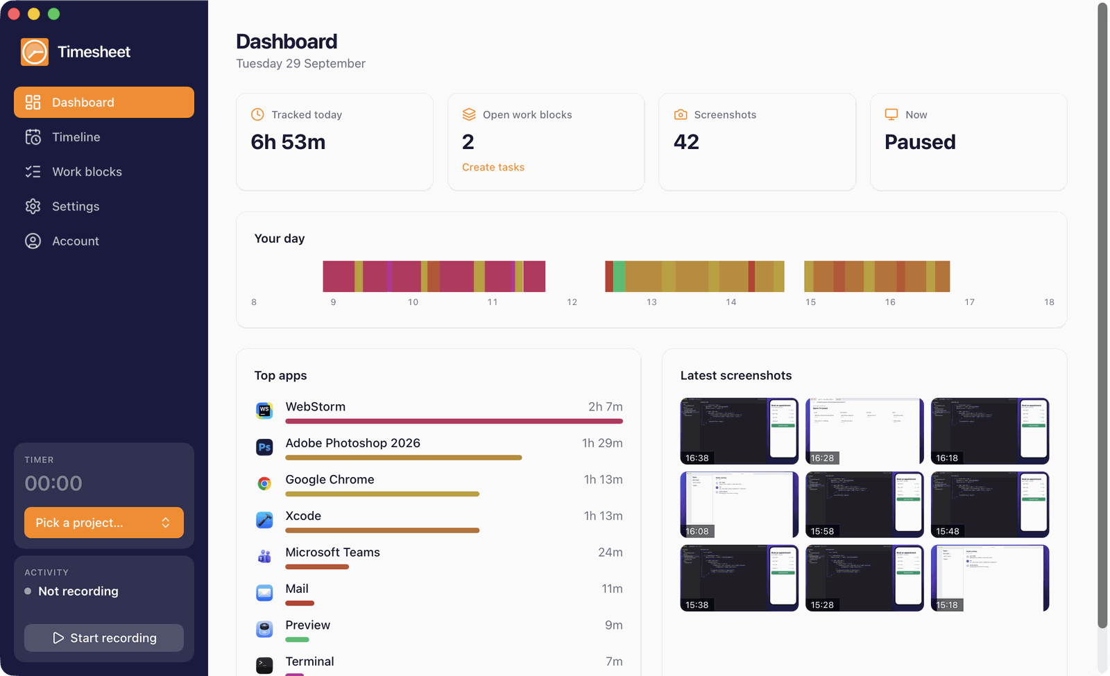 Dashboard with today's figures, the day strip, top apps, and latest screenshots