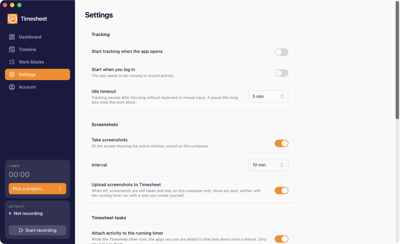 Settings for tracking and screenshots