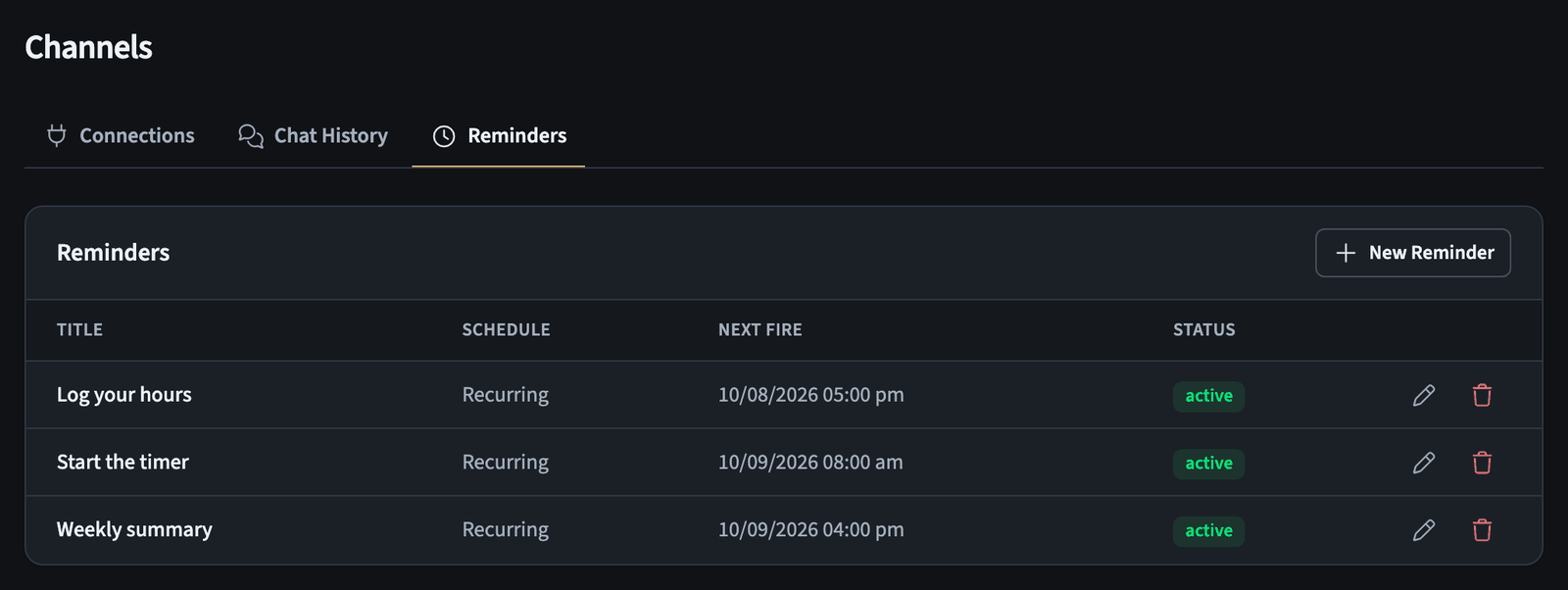 Reminders list with three scheduled reminders