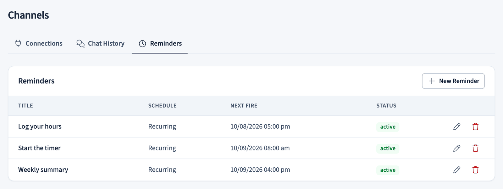 Reminders list with three scheduled reminders