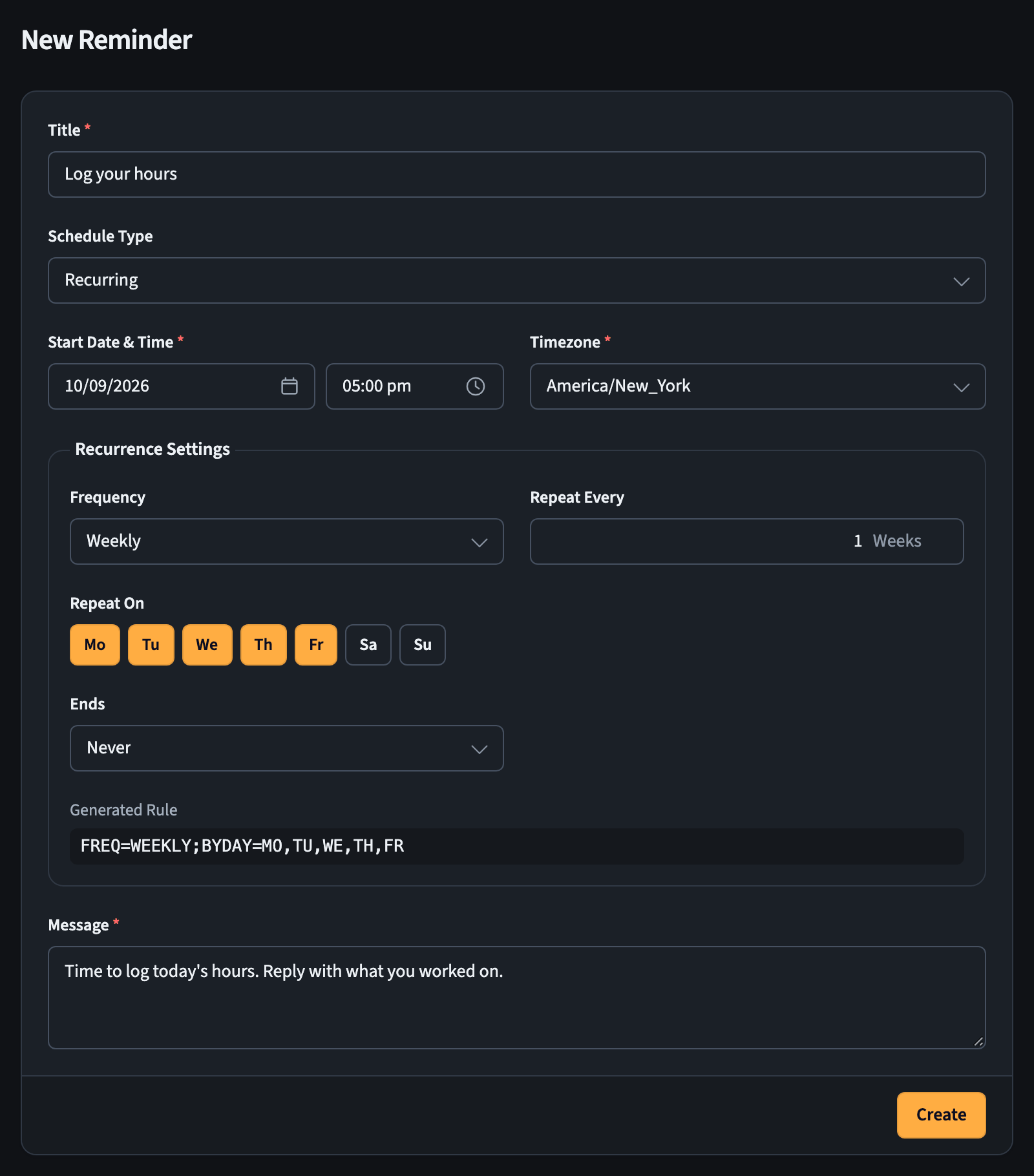 New reminder form with schedule and recurrence settings
