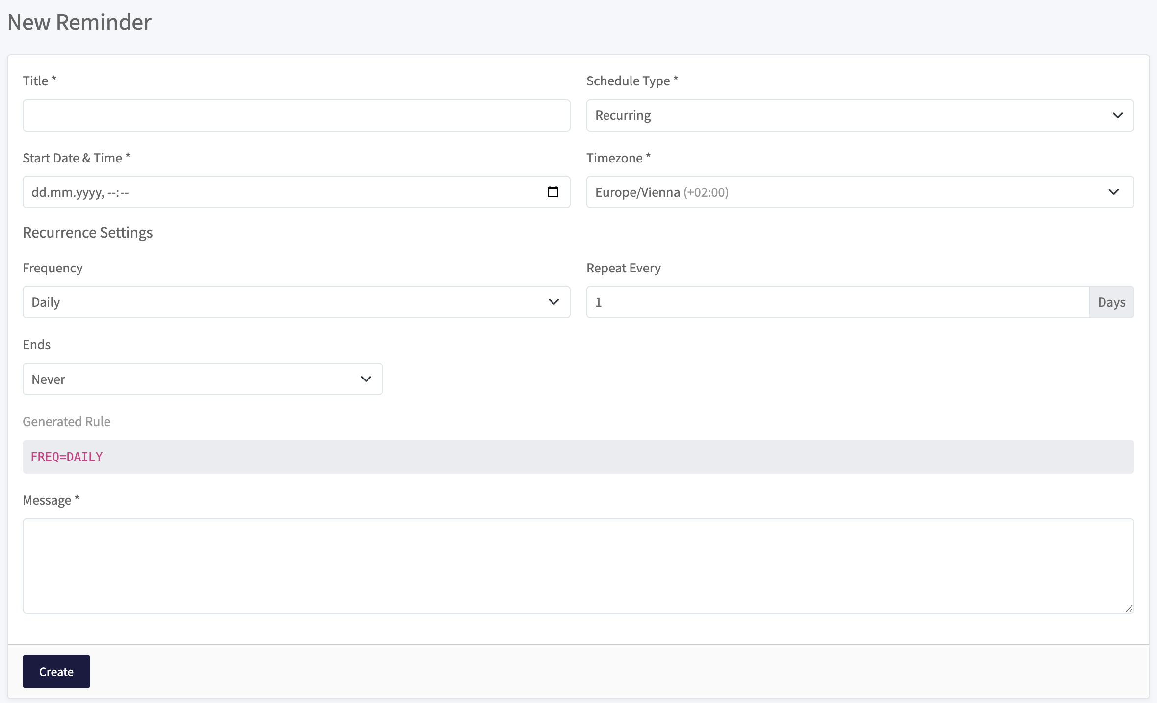 New reminder form with schedule and recurrence settings