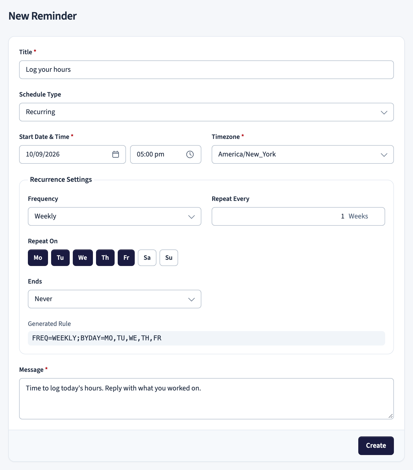 New reminder form with schedule and recurrence settings