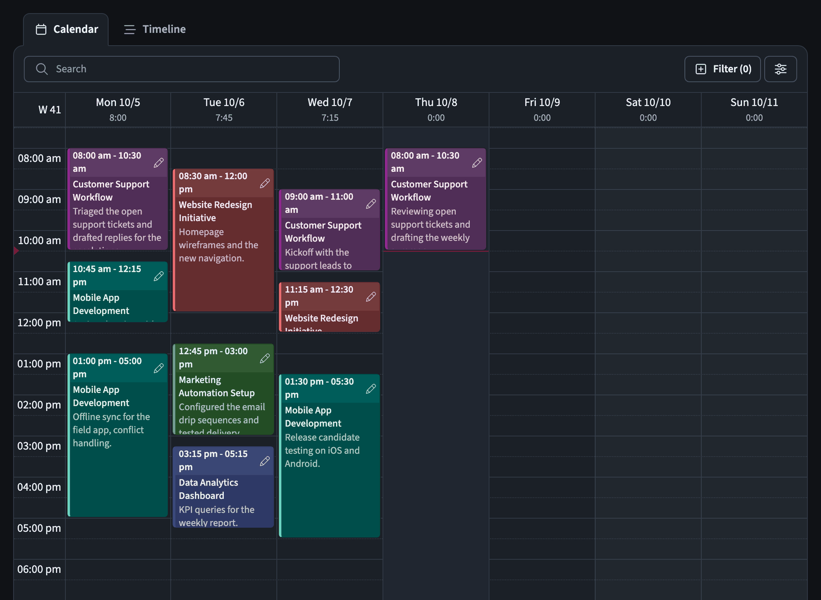 Dashboard calendar view with tracked tasks laid out across the working week