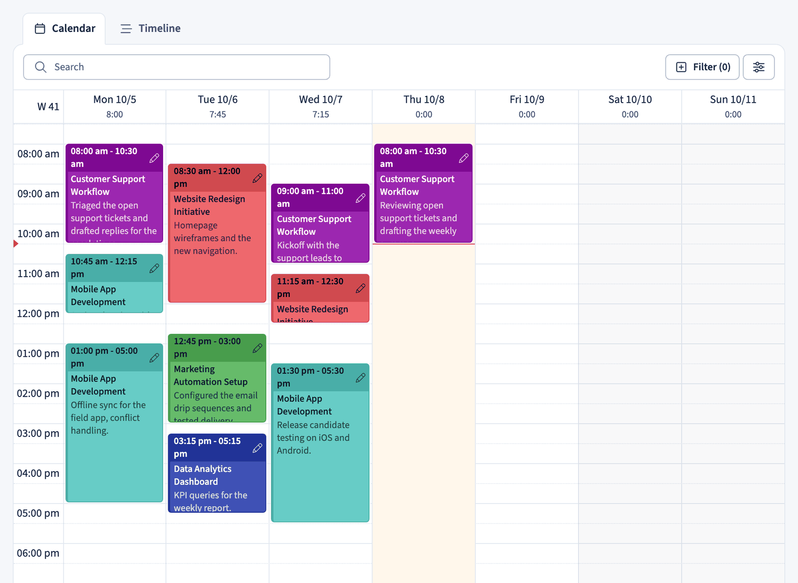 Dashboard calendar view with tracked tasks laid out across the working week