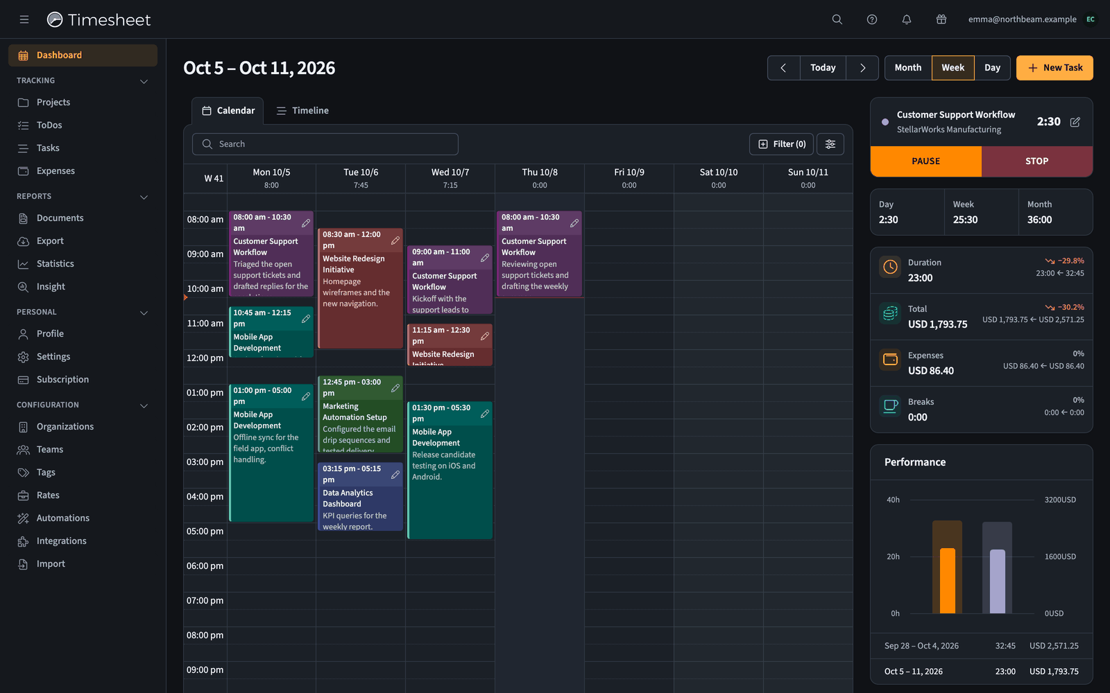 Timesheet web app dashboard with the calendar, timer, and statistics widgets