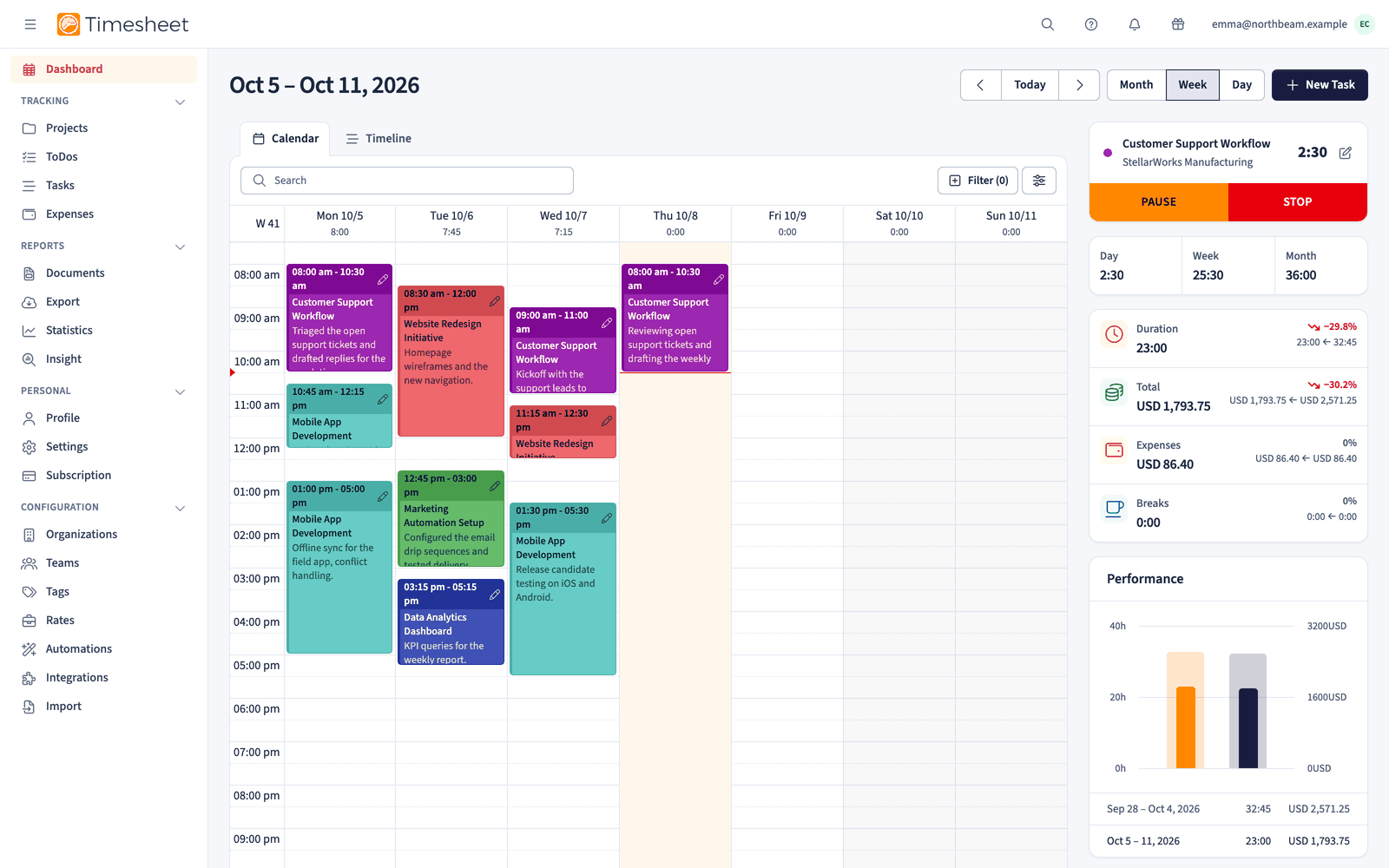 Timesheet web app dashboard with the calendar, timer, and statistics widgets