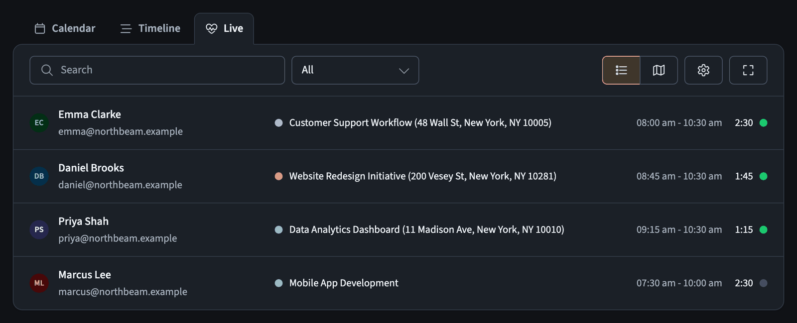 Live view list with each team member's running task and elapsed time