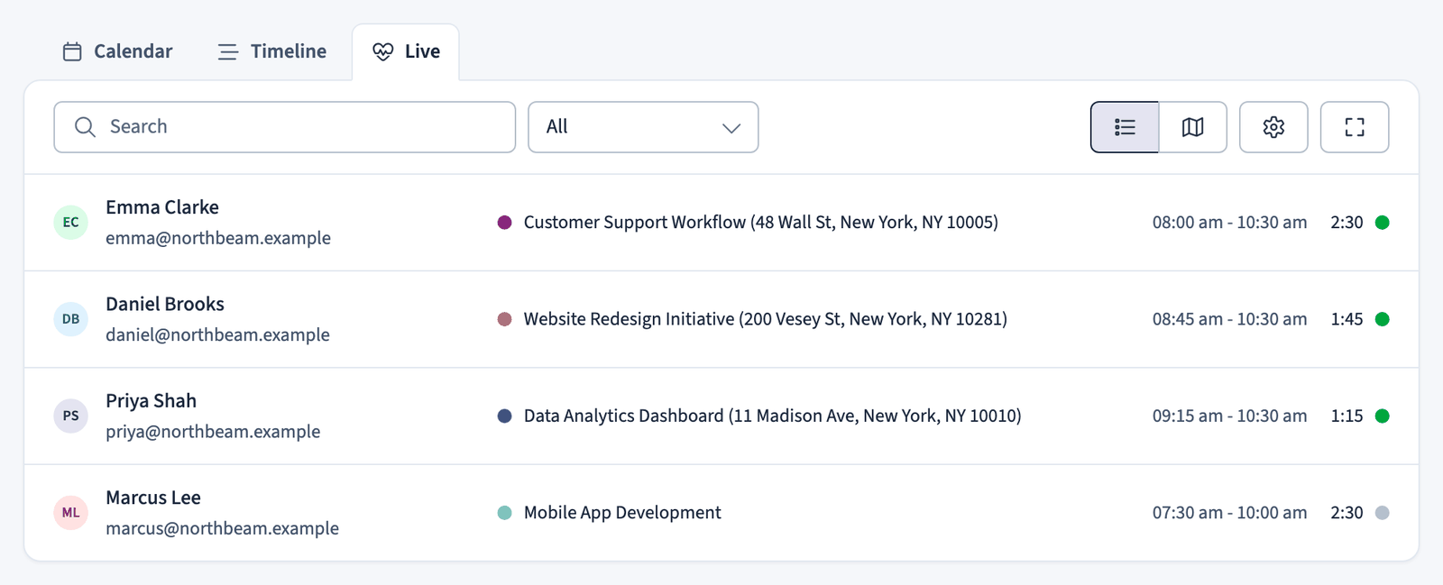 Live view list with each team member's running task and elapsed time