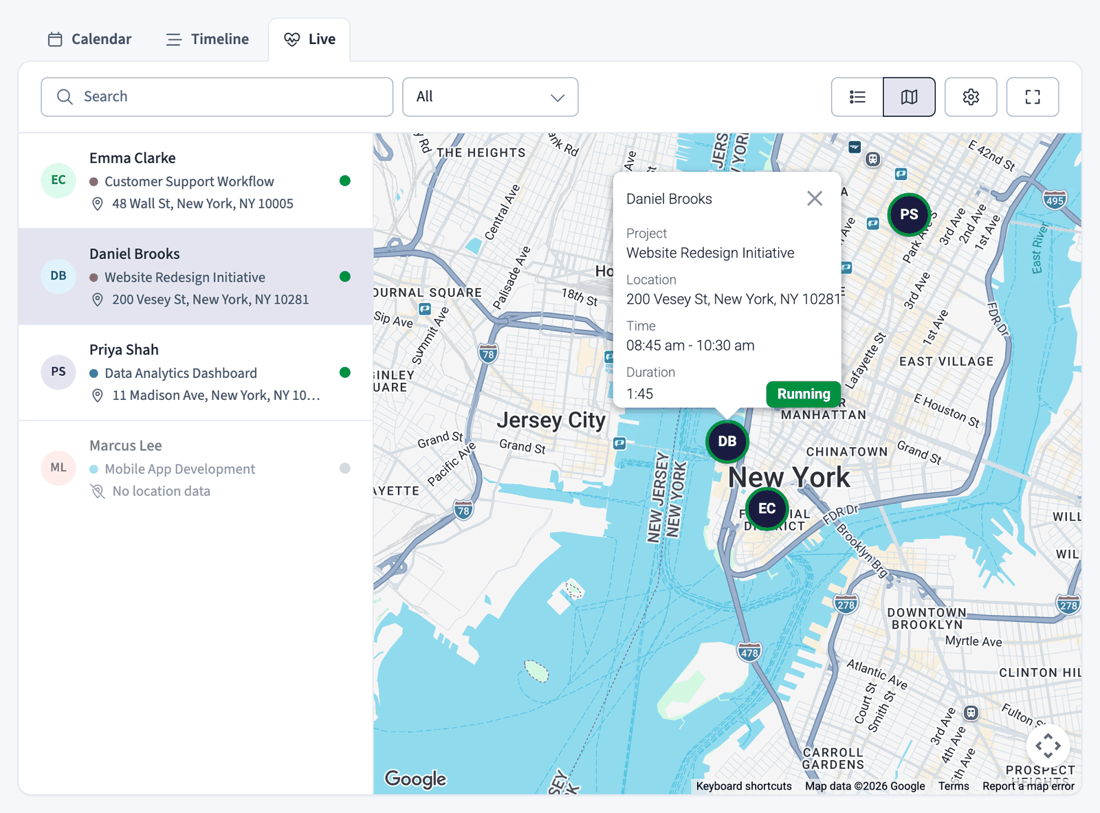 Live view map with team member locations pinned to their running tasks
