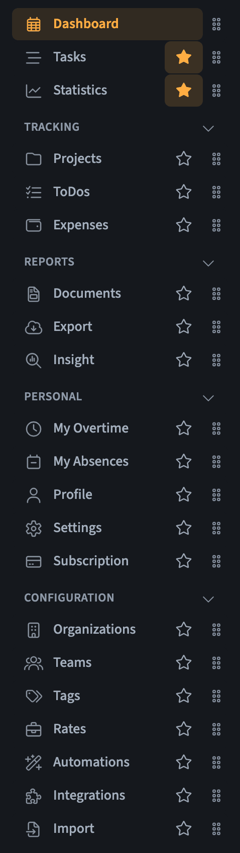 The navigation menu in edit mode, with Tasks and Statistics starred as favorites