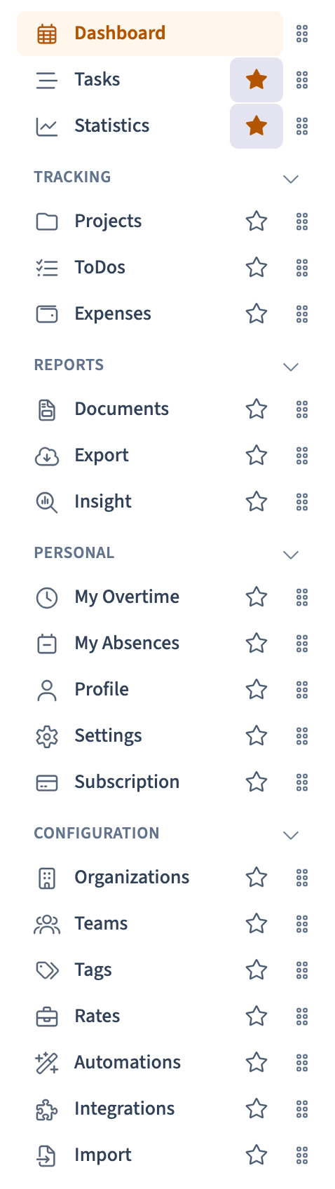 The navigation menu in edit mode, with Tasks and Statistics starred as favorites
