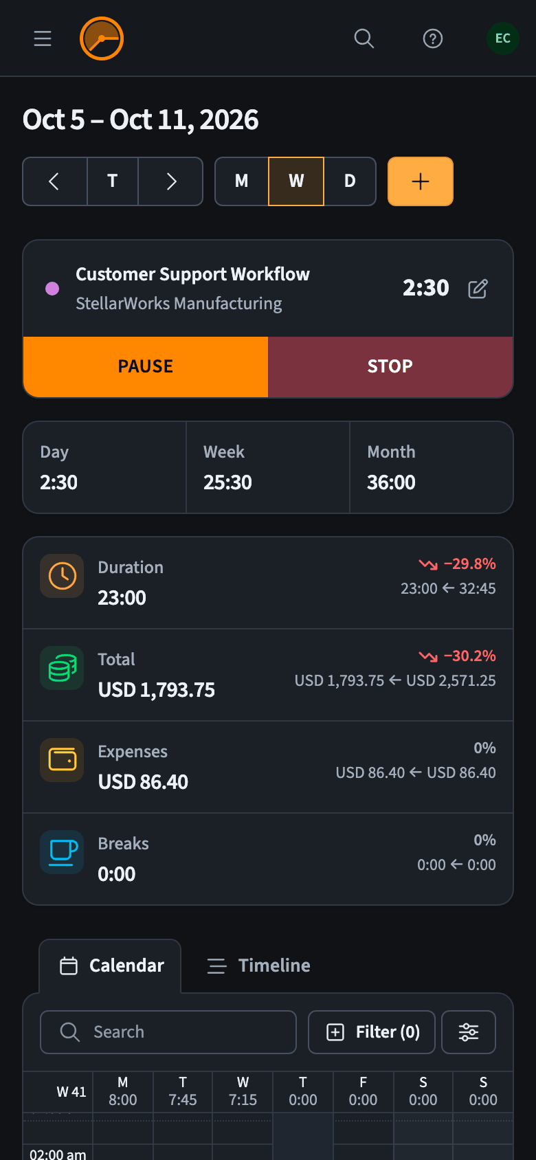 The web app dashboard on a small screen