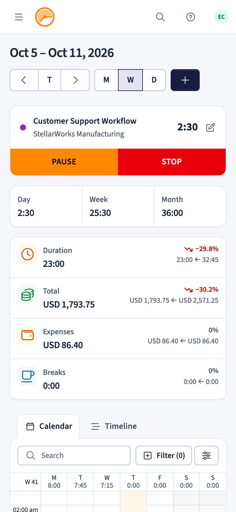 The web app dashboard on a small screen