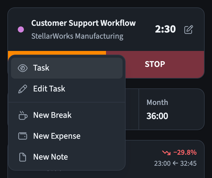Timer quick actions menu for adding breaks, expenses, and notes